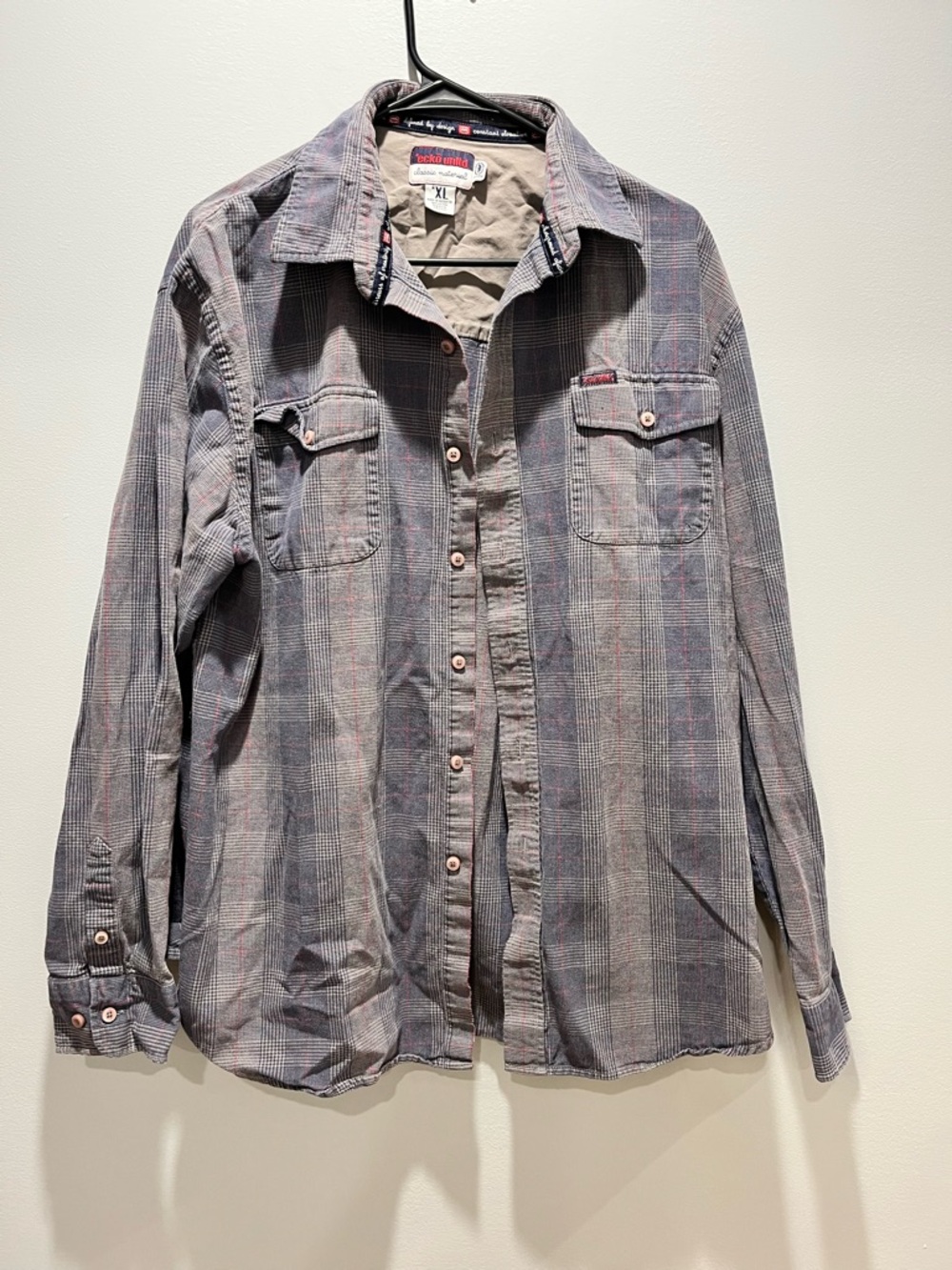 Men VTG Ecko‎ Unltd XL Plaid Flannel Shirt Gray Blue Red Pocket Button Up Shirt